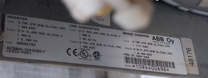 Abb Acs800-104-0580-7+E205+V991 Inverter Drive Module Ip00 68685192 709–976 Vdc