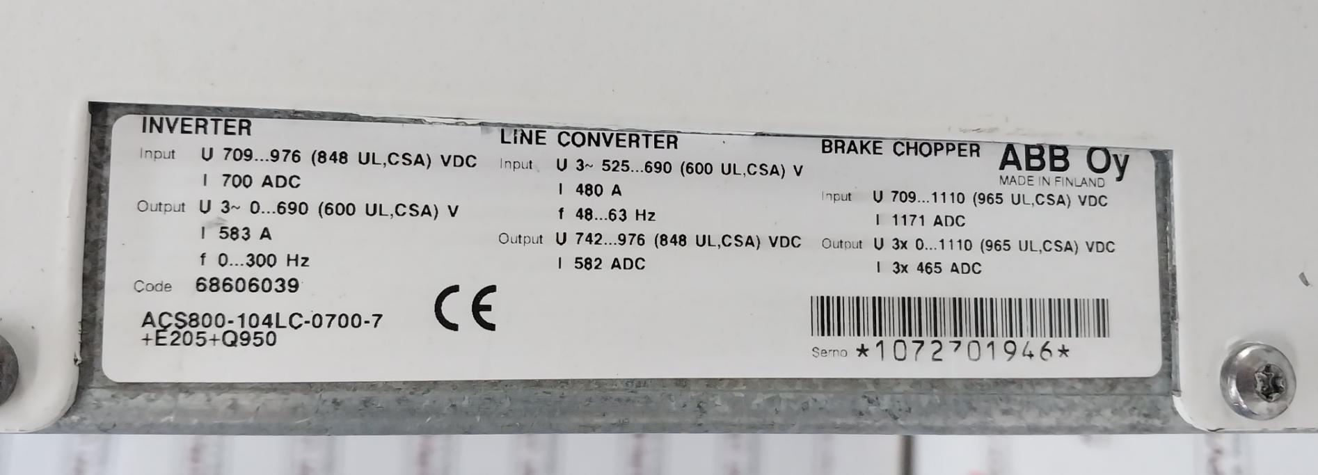 Abb Acs800-104Lc-0700-7+E205+Q950 Inverter Drive Module 68606039 700Adc