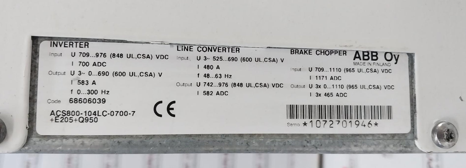 Abb Acs800-104Lc-0700-7+E205+Q950 Inverter Drive Module 68606039 700Adc