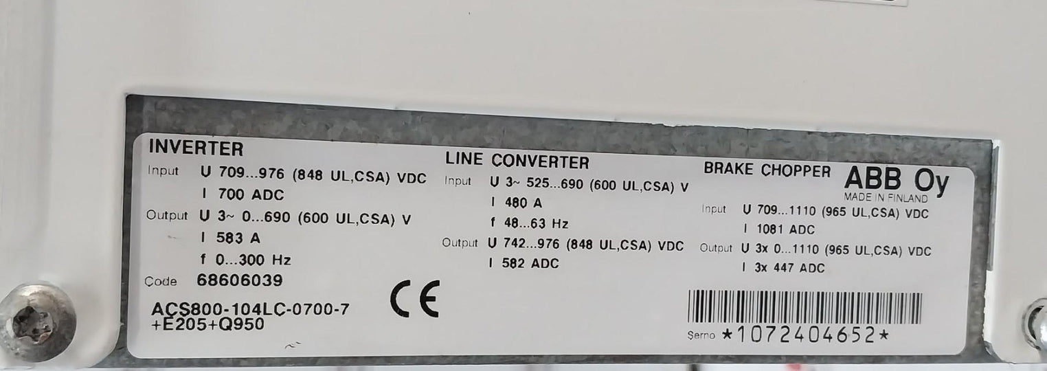 Abb 68606039 Inverter Drive Module Acs800-104Lc-0700-7+E205+Q950 709-976 Vdc..