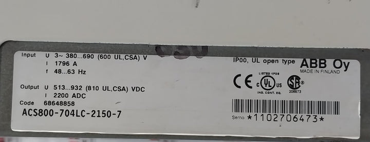 Abb Acs800-704Lc-2150-7 Drive Supply Unit 68648858 380–690V Ac 1796 A 48–63 Hz