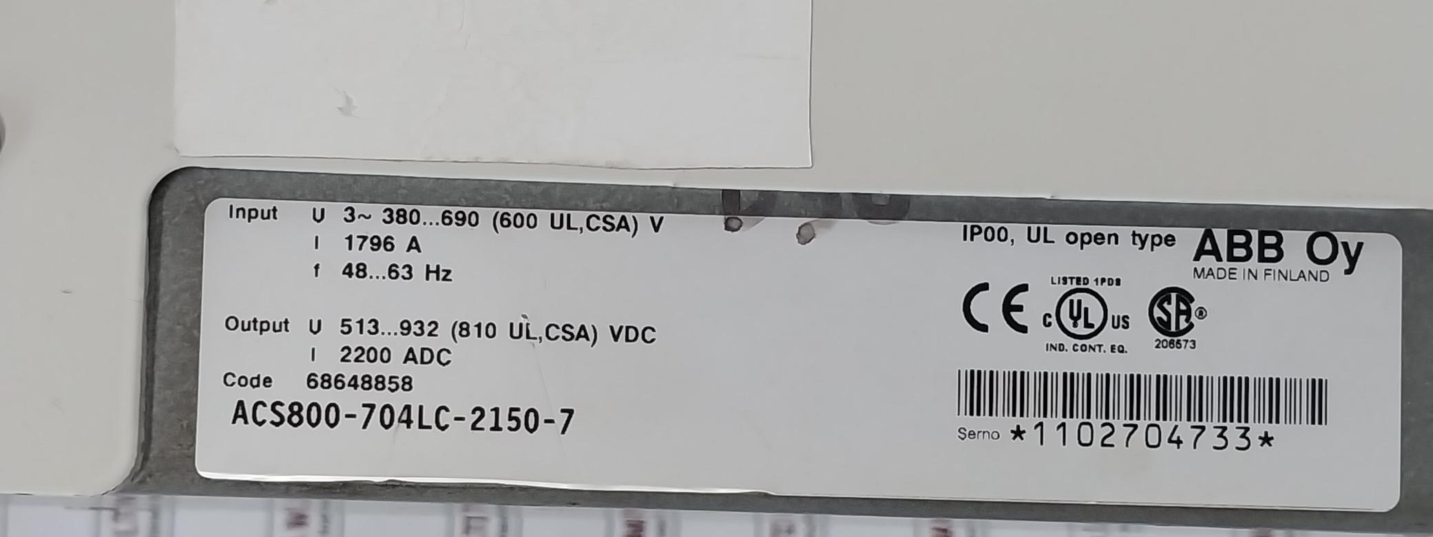 Abb Acs800-704Lc-2150-7 Drive Supply Unit 68648858 380–690 V Ac 1796 A 48–63 Hz