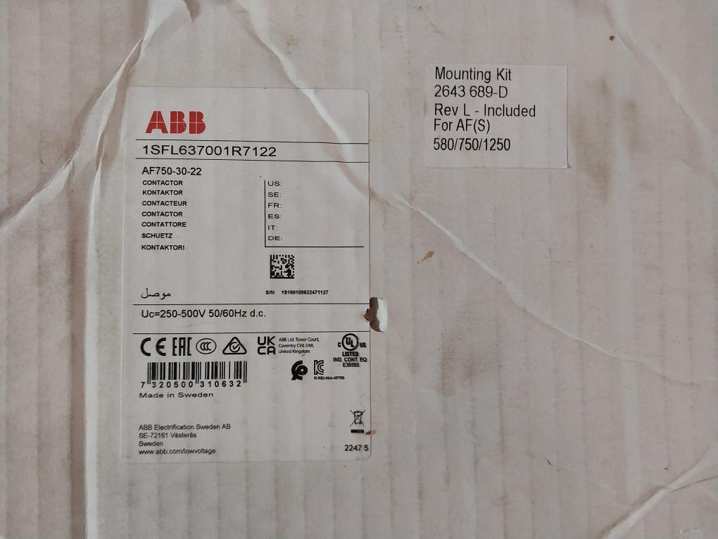 Abb Af750-30-22 Contactor W/ Pre-mounted Auxiliary Contact E36588 250-600V