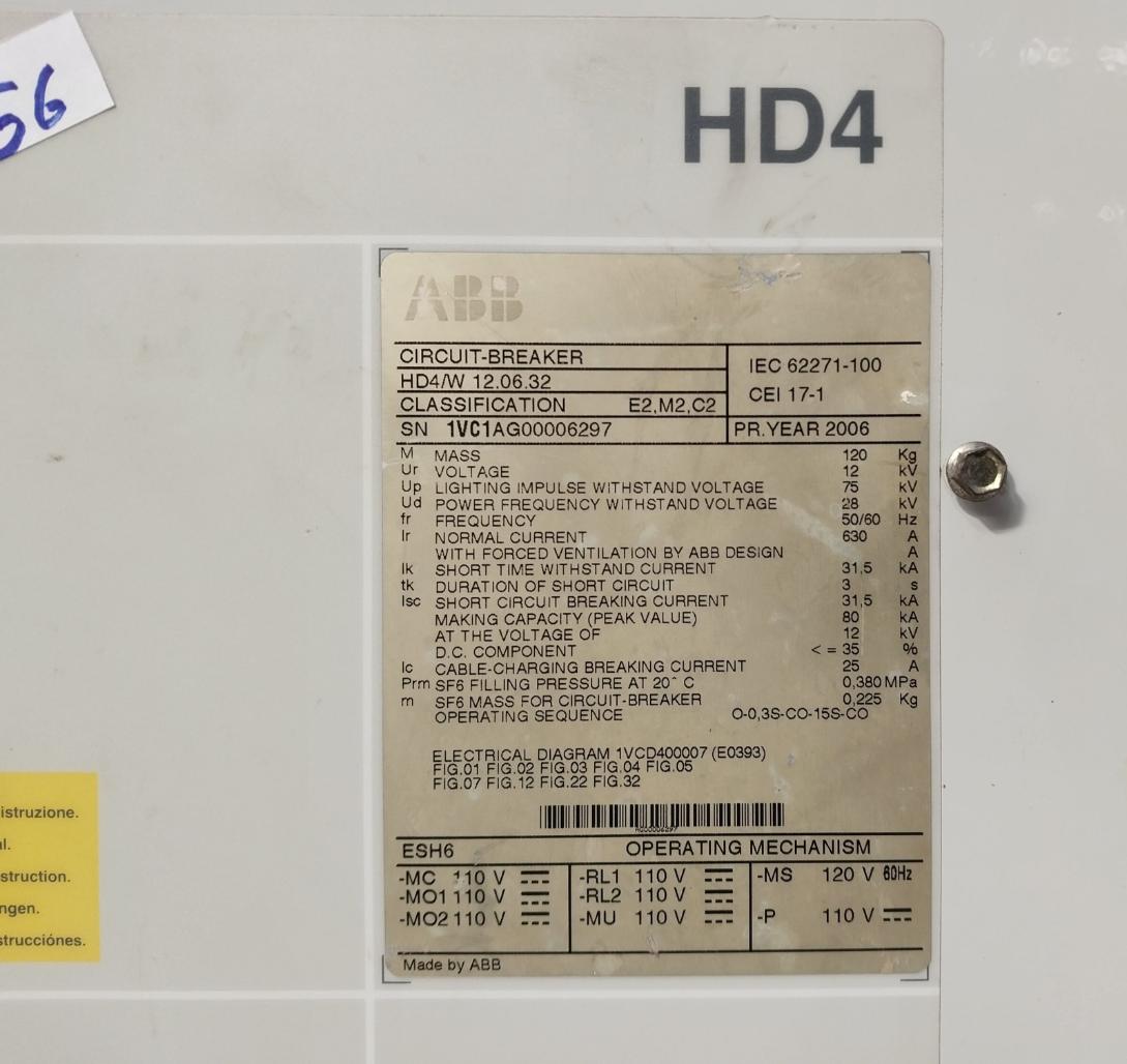 Abb Hd4/W 12.06.32 Circuit-breaker Iec 62271-100 12 Kv 630 A 50/60 Hz