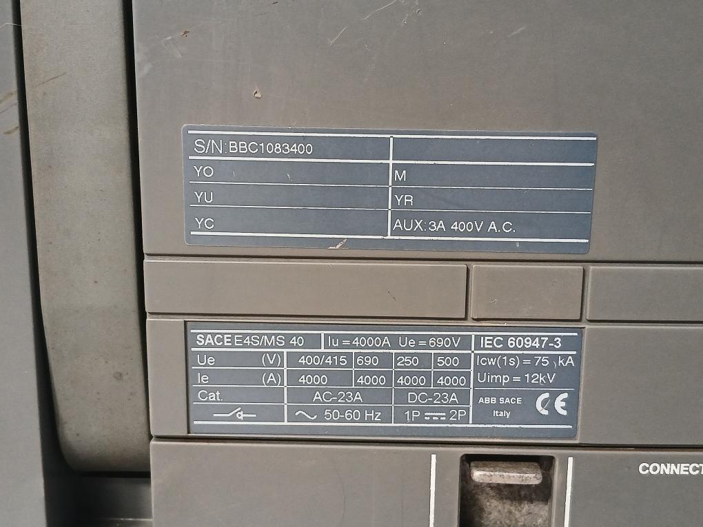 Abb Sace E4S/Ms 40 Emax E6 Circuit Breaker 4000A 690V 12 Kv Iec 60947-3 50/60 Hz