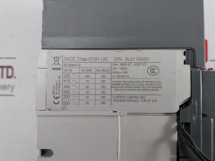 Abb Xt2H 125 Sace Tmax Circuit Breaker Trip Unit 690V Ac-500V Dc 50-60 Hz