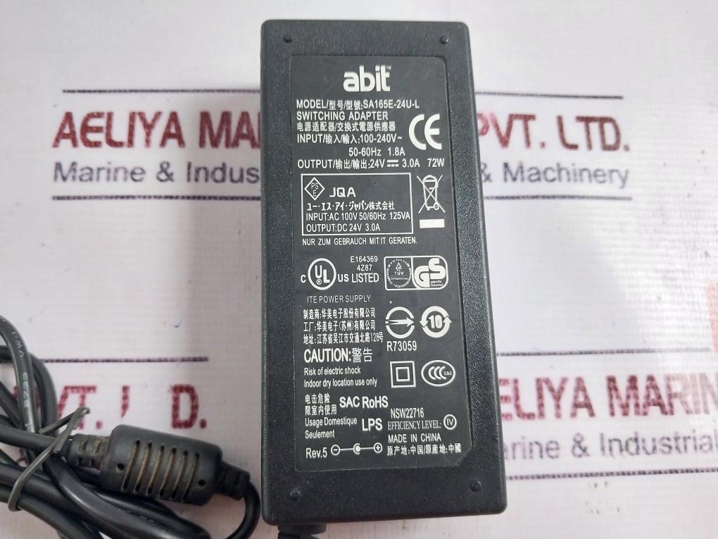 ABIT SA165E-24U-L Switching AC Adapter 100-240V DC 24V 3.0A