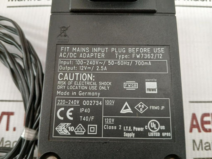 Ac/Dc Adapter Fw7362/12 Friwo Input: 100-240V-/ 50-60Hz/ 700Ma Ip40