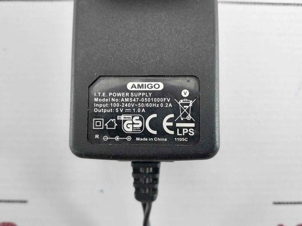 Ac To Dc Power Adapter Amigo Output-5V 1.0A Ams47-0501000Fv