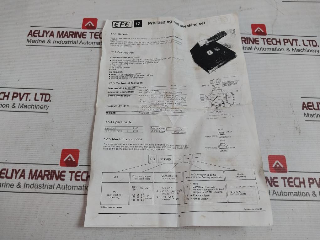 Adami Pc 250/60D-no Accumulator Charging Set 10003992 400Bar 0-800Psi 0-60 Bar