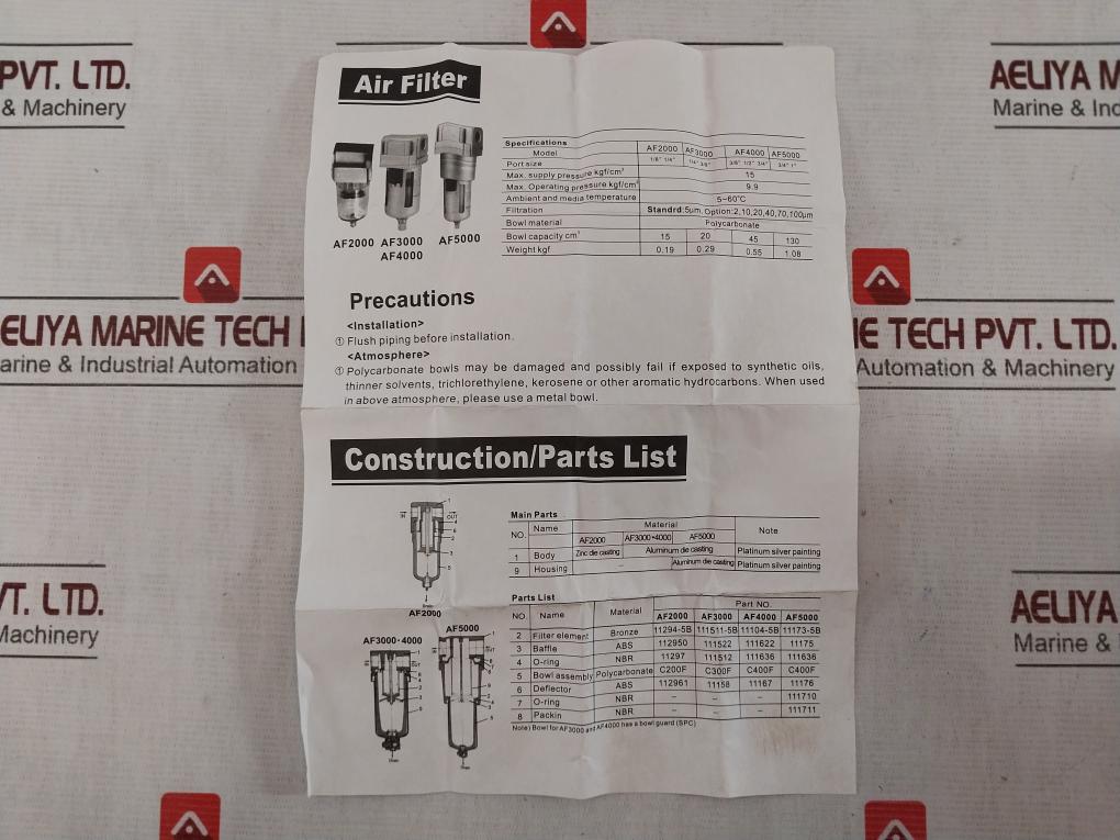 Af 5000-10 Air Filter Af5000 5-60C 60C 1 Mpa 150 Psi 9Kgf/Cm2