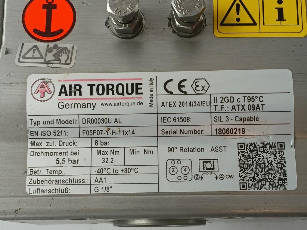 Air Torque Dr00030U Al Pneumatic Actuator 8 Bar Ip66 / Ip67 24V Dc 360 Ma