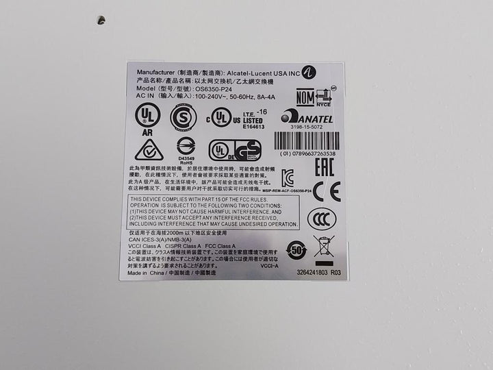 Alcatel-lucent Ac Input: 100-240V-, 50-60Hz, 8A-4A Ethernet Switch Os6350-p24