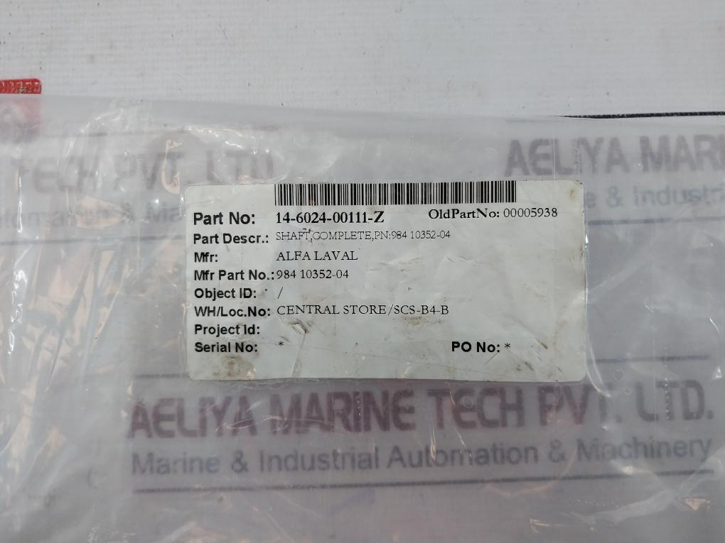 Alfa Laval 984 10352-04 Complete Shaft 14-6024-00111-z