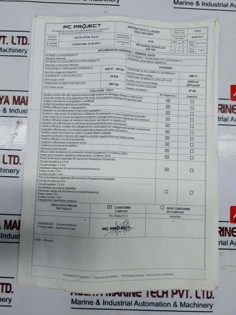 Alfa Laval Epc 60 Control Panel 51475558-80 230V 60Hz Ip54 Rev H0