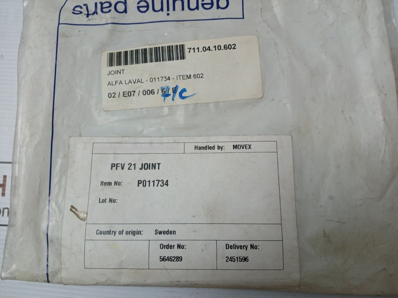 Alfa Laval P011734 Flat Gasket Movex Pfv 21 Joint