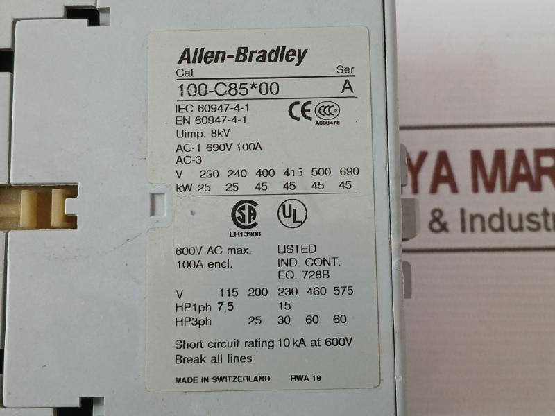 Allen-bradley 100-c85*00 Auxiliary Contactor Ser A Iec 60947-4-1 690V 100A