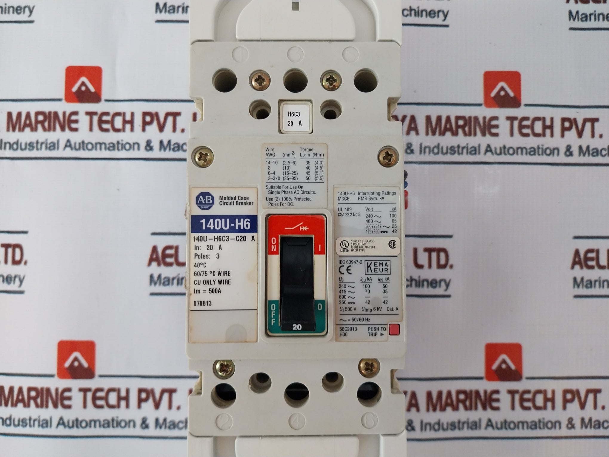 Allen-bradley 140U-h6C3-c20 A Molded Case Circuit Breaker Set, Cat 140U-h-ea1