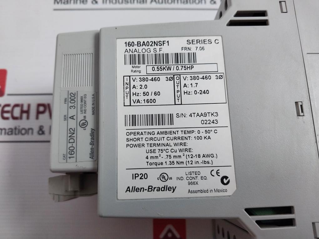 Allen-bradley 160-ba02Nsf1 Variable Speed Drive Ip20 0.55Kw/0.75Hp 380-460V 2.0A