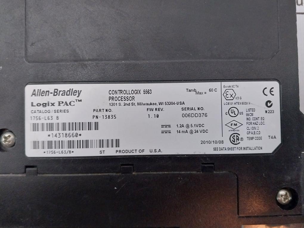 Allen-bradley 1756-l63 Controller Module Pn-13835 9646569 B01