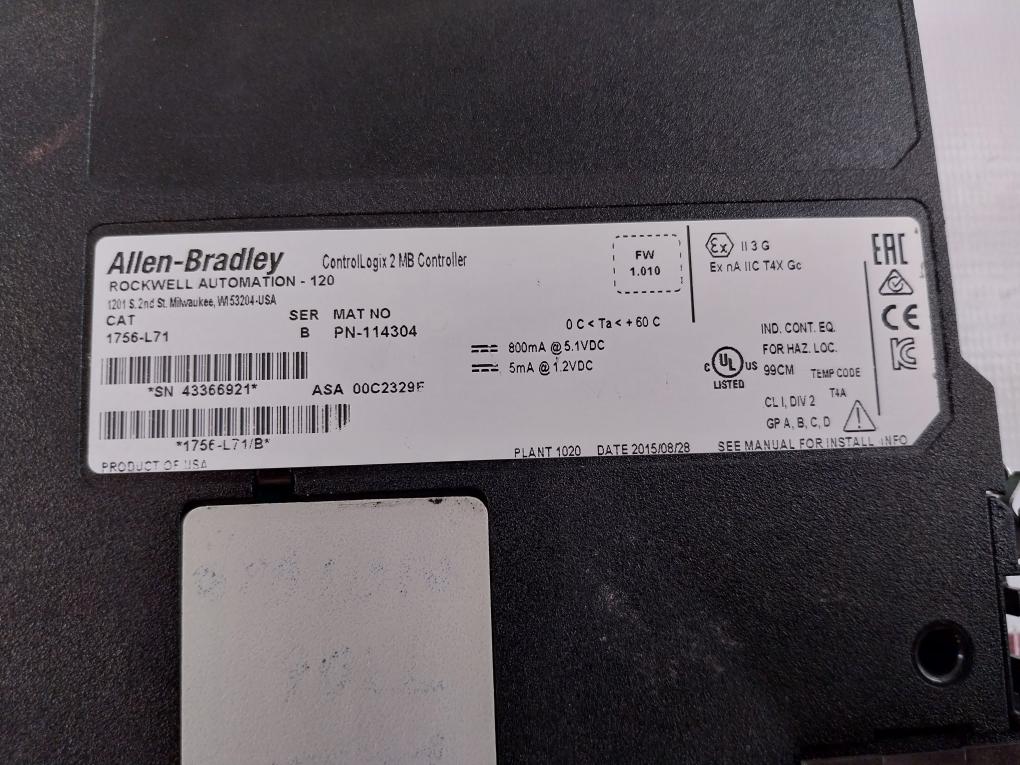 Allen-bradley 1756-l71 Controllogix 2 Mb Controller 114304