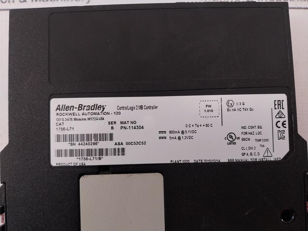 Allen-bradley 1756-l71 Controllogix 2 Mb Controller Pn-114304 00C52C52