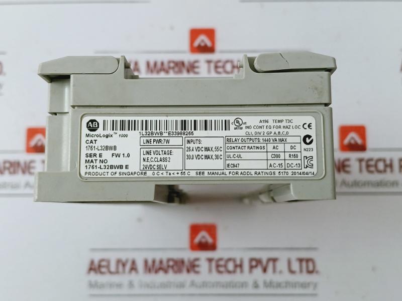 Allen-bradley 1761-l32bwb Micro Logix 1000 Controller Ser E 26.4/30.0 Vdc Max