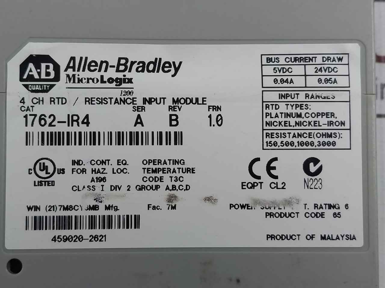 Allen-bradley 1762-ir4 Resistance Input Module Micrologix 1200 Rev B