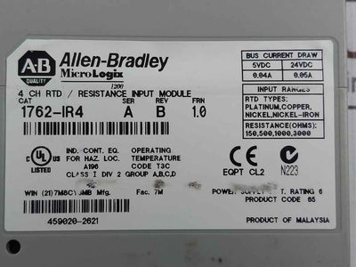 Allen-bradley 1762-ir4 Resistance Input Module Micrologix 1200 Rev B