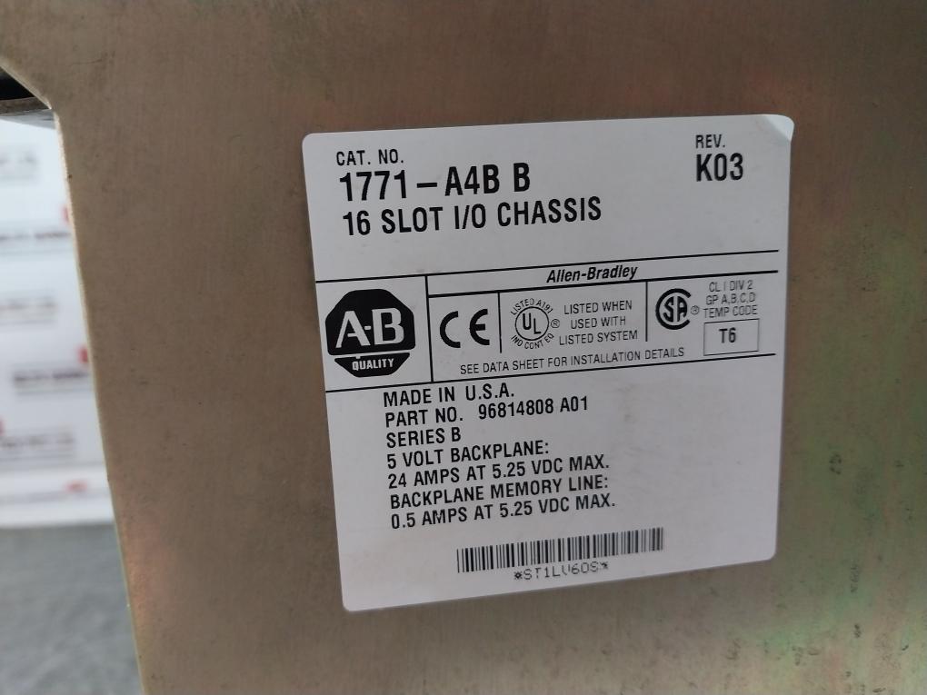 Allen Bradley 1771-A4B B 16 Slot Remote Input Output Chassis Module Rev K03