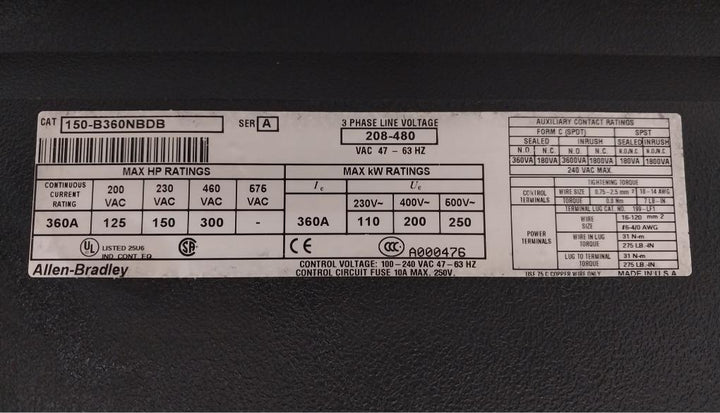 Allen-bradley 208-480 Vac 47-63Hz 3 Phase Smart Motor Controller 150-b360Nbdb