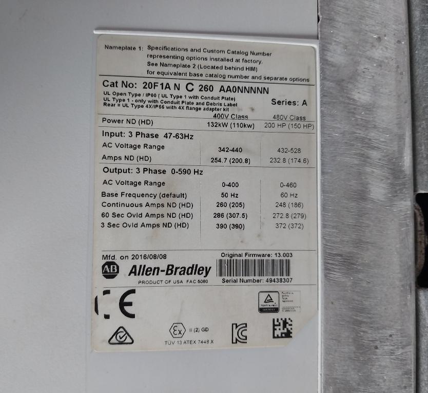 Allen-bradley 20f1anc260aa0nnnnn Powerflex 753 Ac Drive 132kw 260a
