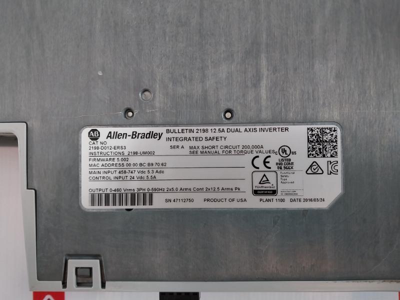 Allen-bradley 2198-d012-ers3 Kinetix 5700 Dual Axis Inverter 458-747 Vdc 5.3 Adc