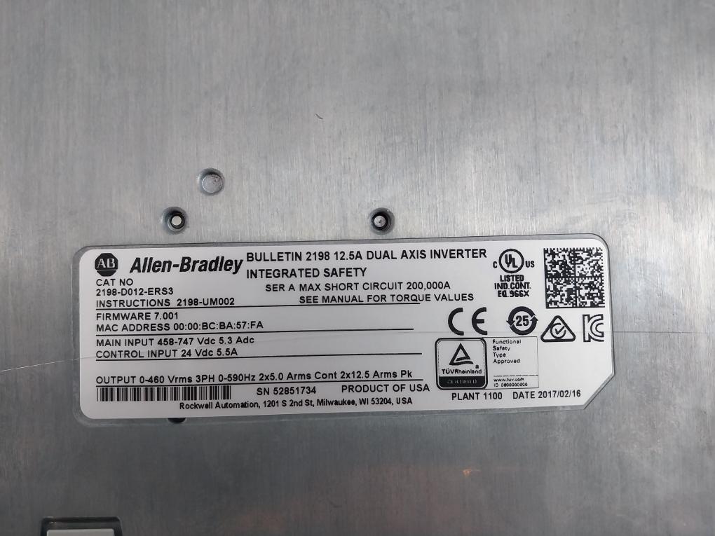 Allen-bradley 2198-d012-ers3 Kinetix 5700 Dual Axis Inverter Pn-209774