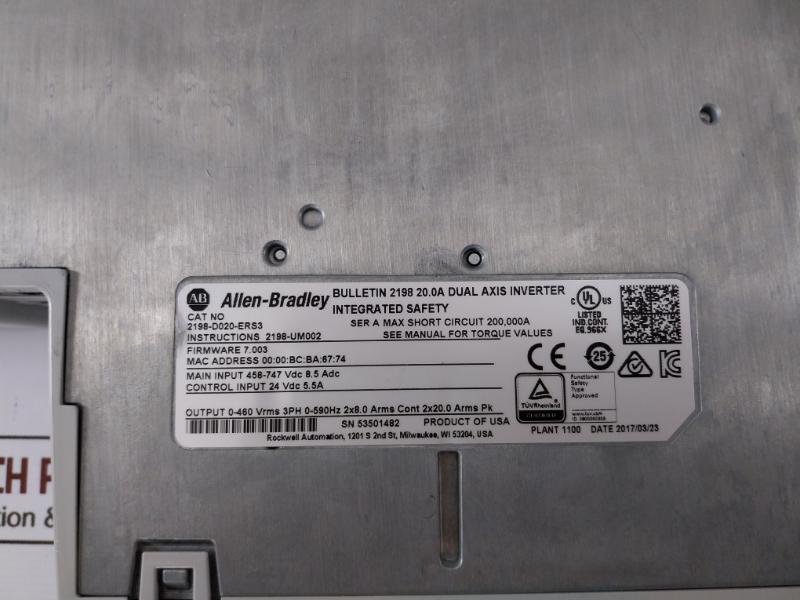 Allen-bradley 2198-d020-ers3 Kinetix 5700 Dual Axis Inverter 24 Vdc 5.5a