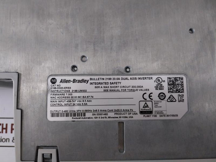 Allen-bradley 2198-d020-ers3 Kinetix 5700 Dual Axis Inverter 24 Vdc 5.5A