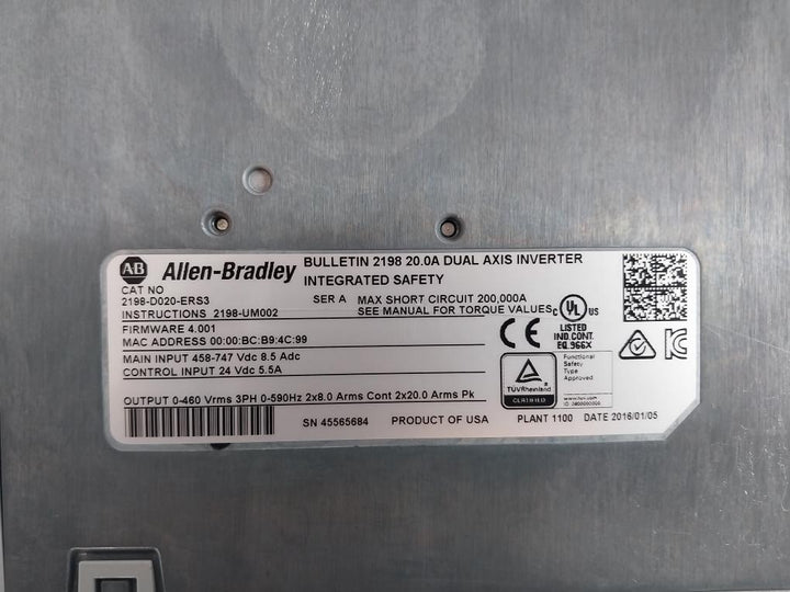 Allen-bradley 2198-d020-ers3 Kinetix 5700 Dual Axis Inverter In 24Vdc 5.5A