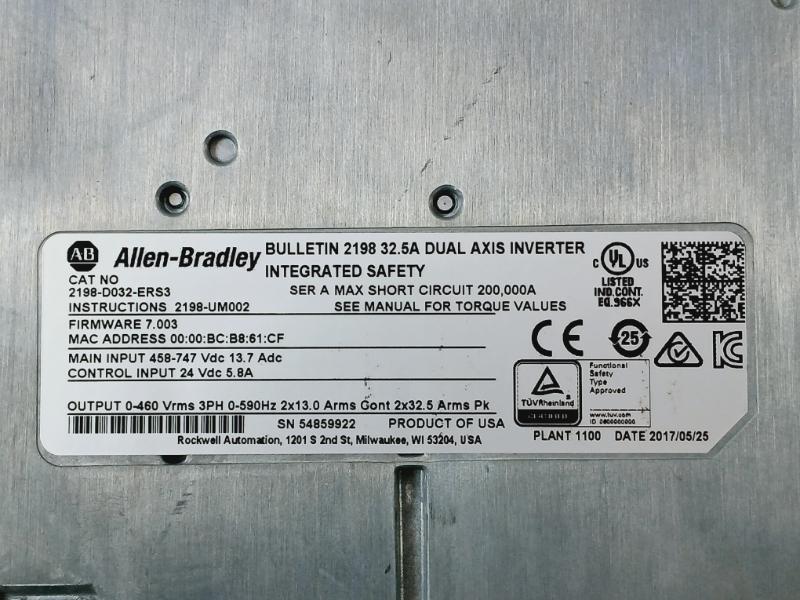 Allen-Bradley 2198-D032-ERS3 Dual Axis Inverter Kinetix 5700 32.5A