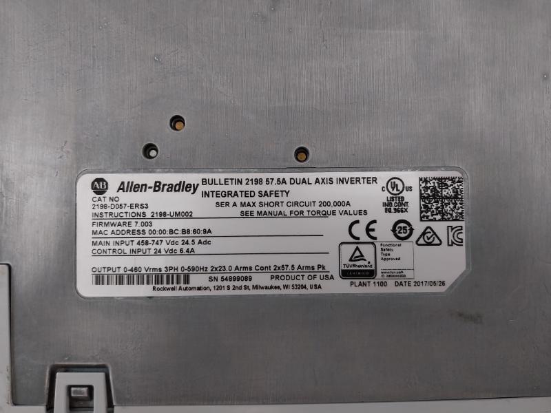 Allenbradley 2198-d057-ers3 Kinetix5700 Bulletin 2198 57.5A Dual-axis Inverter