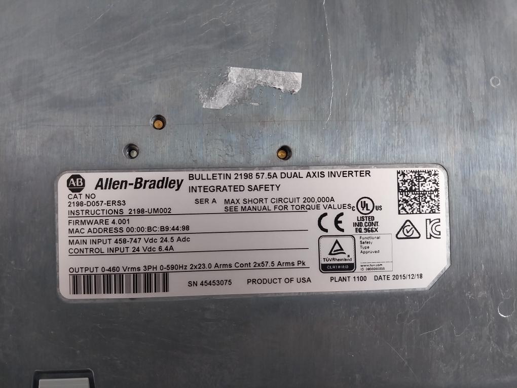 Allen-bradley 2198-d057-ers3 Kinetix 5700 Dual Axis Inverter 24Vdc (Not Working)