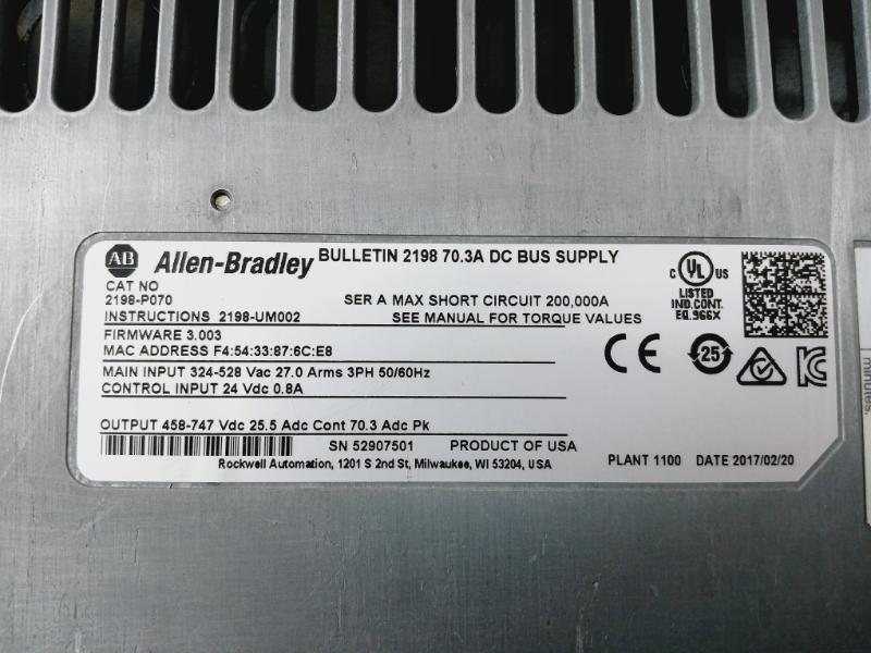 Allen-bradley 2198-p070 Kinetix 5700 Dc Bus Supply 324-528 Vac 27.0 Arms 3Ph