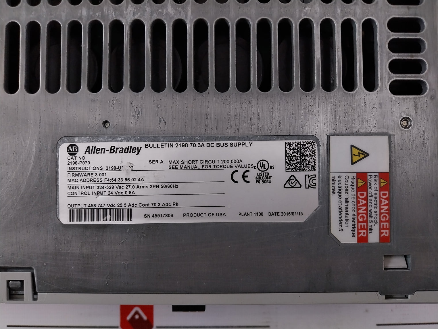 Allen-bradley 2198-p070 Kinetix 5700 Dc Bus Supply 70.3A 324-528Vac