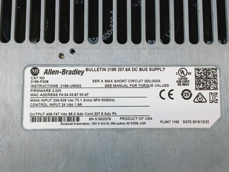 Allen-bradley 2198-p208 Kinetix 5700 Dc Bus Supply 324-528Vac 73.1Arms 3Ph 50/60Hz