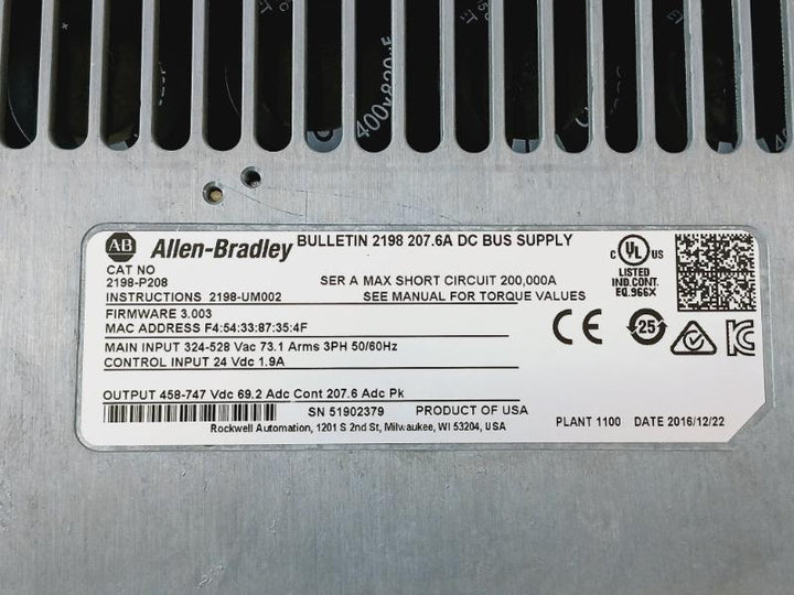 Allen-bradley 2198-p208 Kinetix 5700 Dc Bus Supply 324-528Vac 73.1Arms 3Ph 50/60Hz