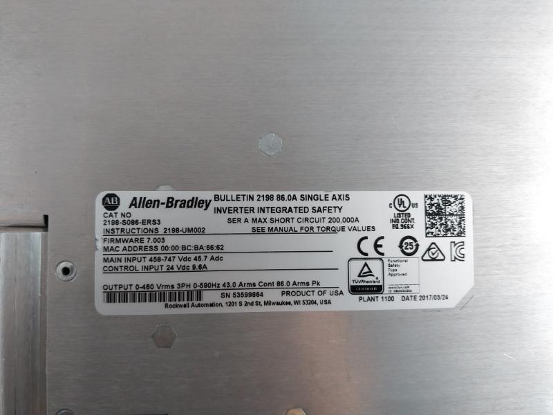 Allen-bradley 2198-s086-ers3 Kinetix 5700 Single Axis Inverter 24 Vdc 9.6a