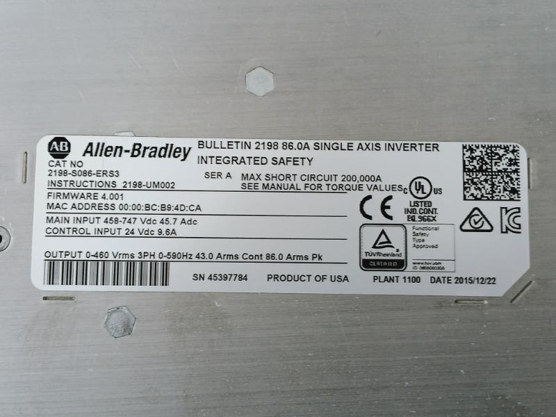 Allen-bradley 2198-s086-ers3 Kinetix 5700 Single Axis Inverter Ser A 24 Vdc 9.6a