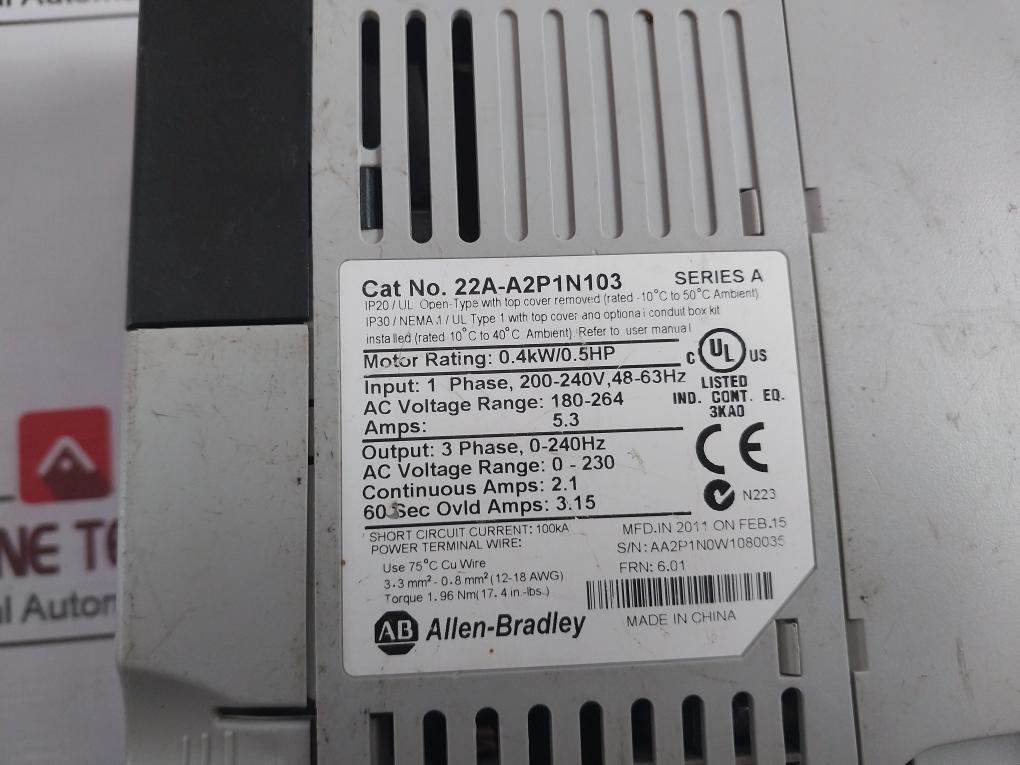 Allen-bradley 22A-a2P1N103 Powerflex 4 Drive 0.4Kw/0.5Hp 1-phase 200-240V