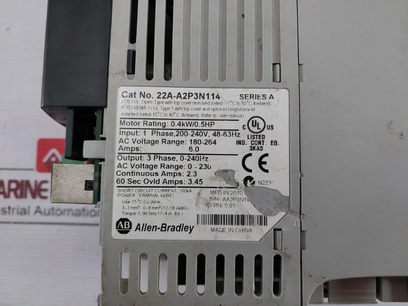 Allen-bradley 22A-a2P3N114 Series A Ac Drive 0.4Kw/0.5Hp 180-264 100Ka