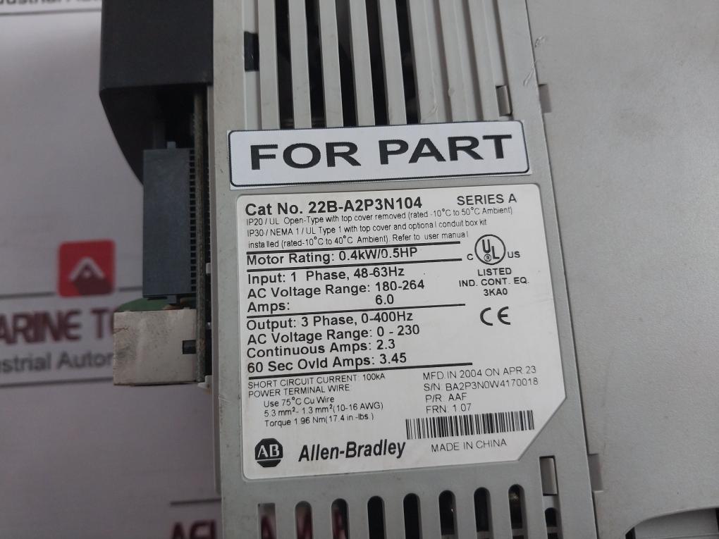 Allen-bradley 22B-a2P3N104 Powerflex 4 Ac Drive 0.4Kw 180-264V (Not Working)