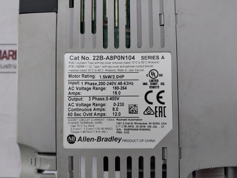 Allen-bradley 22B-a8P0N104 Power Flex 40 Frequency Ac Drive Ser A 180-264V 100Ka